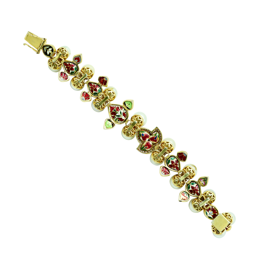 Polki Bracelet with Pearls and Enamel Floral Motifs
